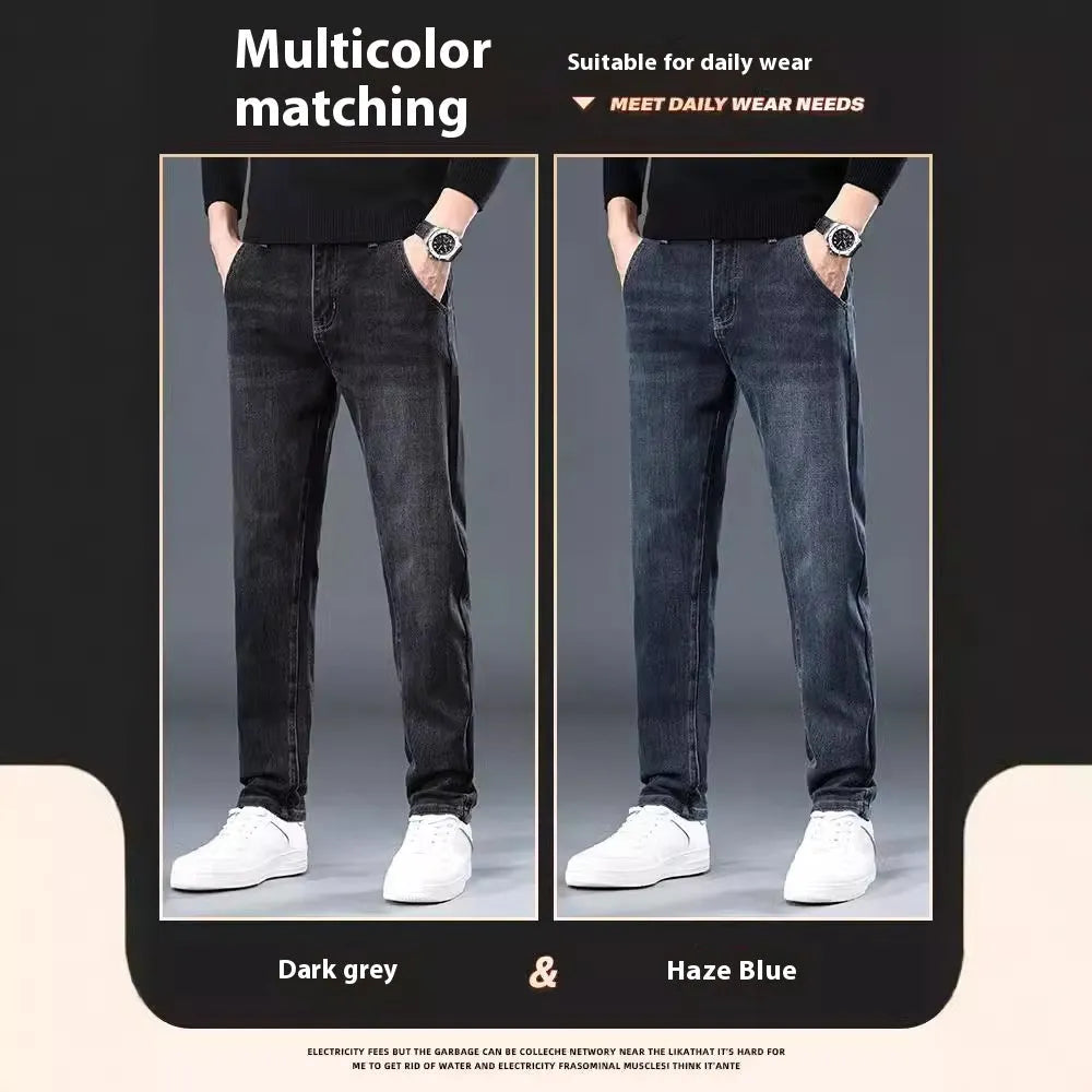 Blue grey slim straight casual trousers with a mid waist and zip fly on a neutral background.