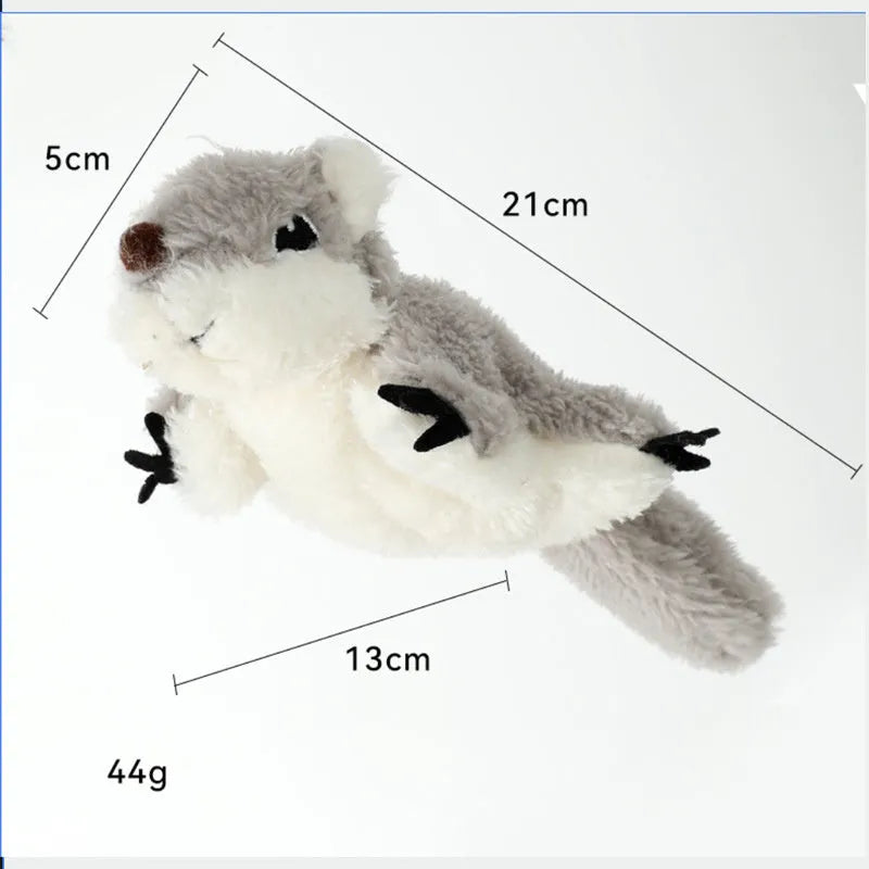 Gray flapping squirrel cat toy with waving wings showing touch-activated interactive features