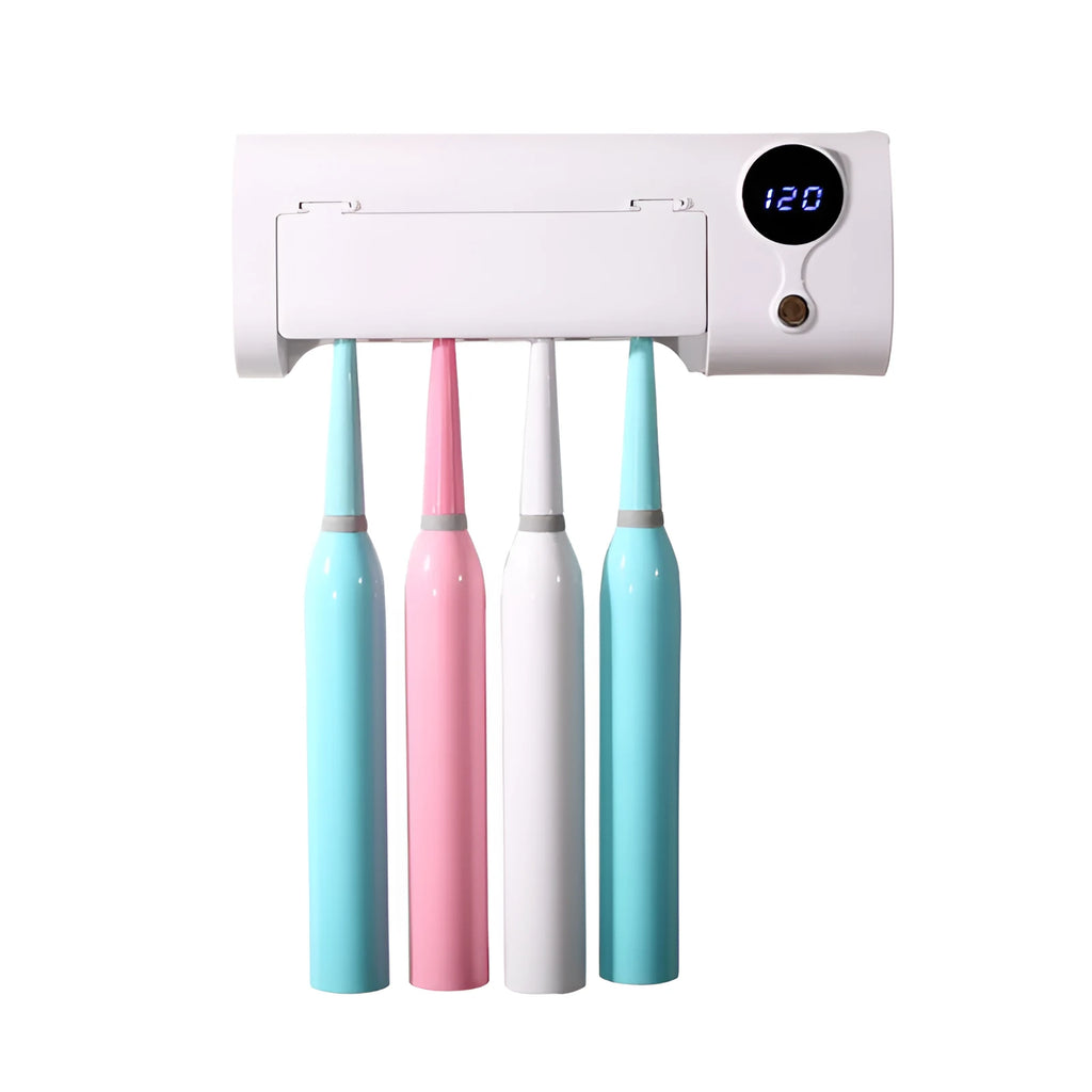 White wall-mounted smart toothbrush steriliser with UV disinfection and holder for family bathroom hygiene