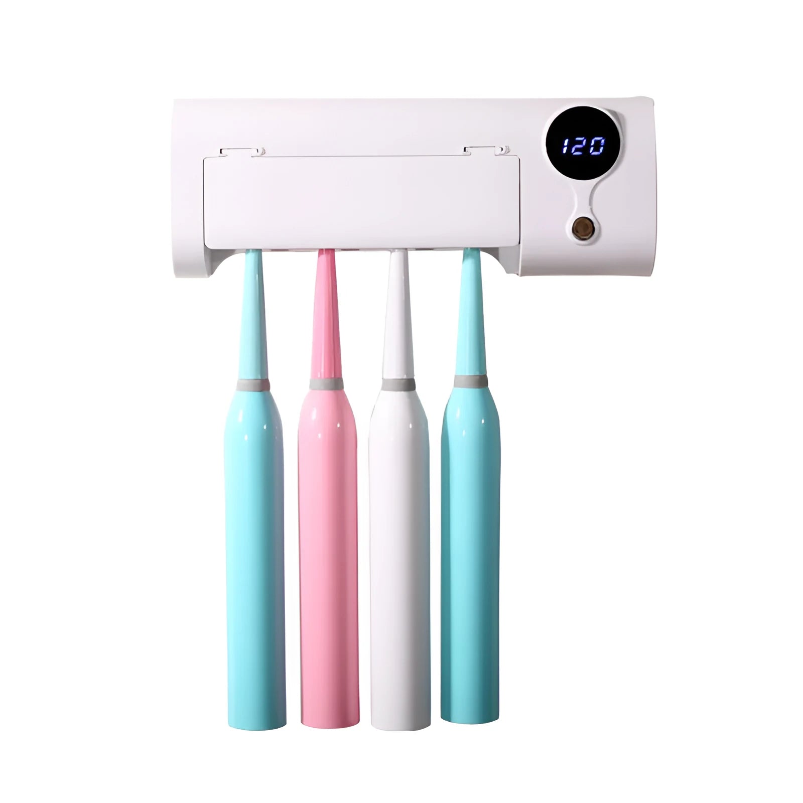 White wall-mounted smart toothbrush steriliser with UV disinfection and holder for family bathroom hygiene