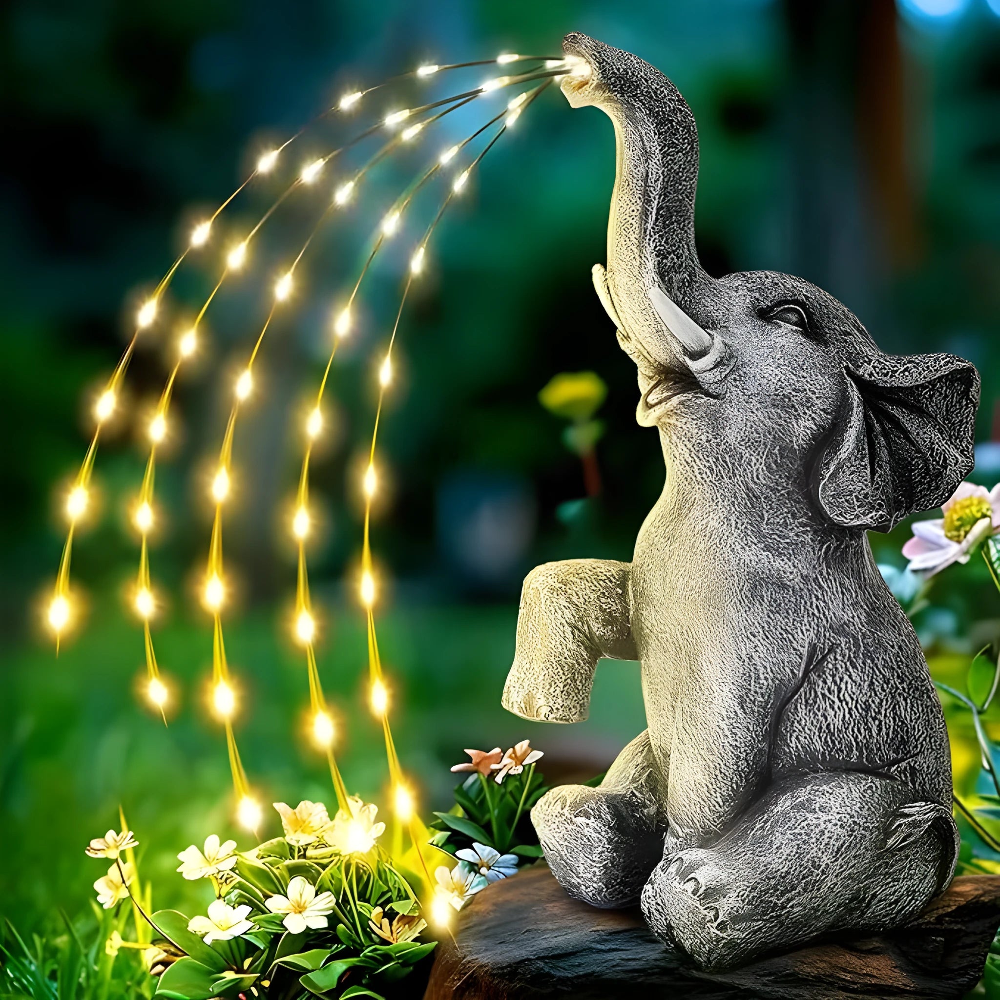 Grey resin elephant garden statue with white LED string lights wrapped around its body.