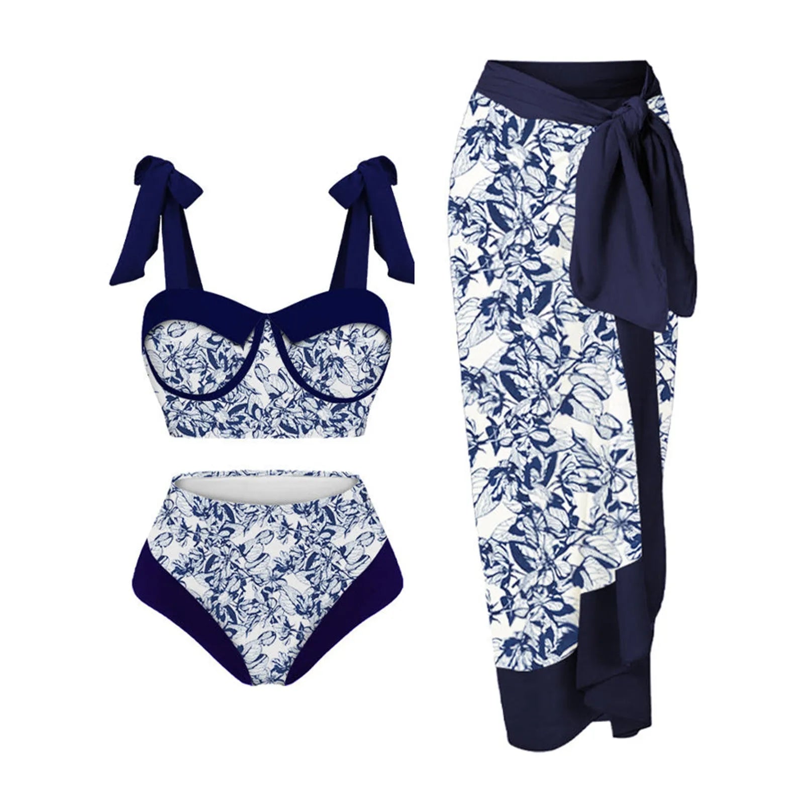 Women's printed three-piece swimsuit set showing bra top, skirt bottom and panties in floral pattern