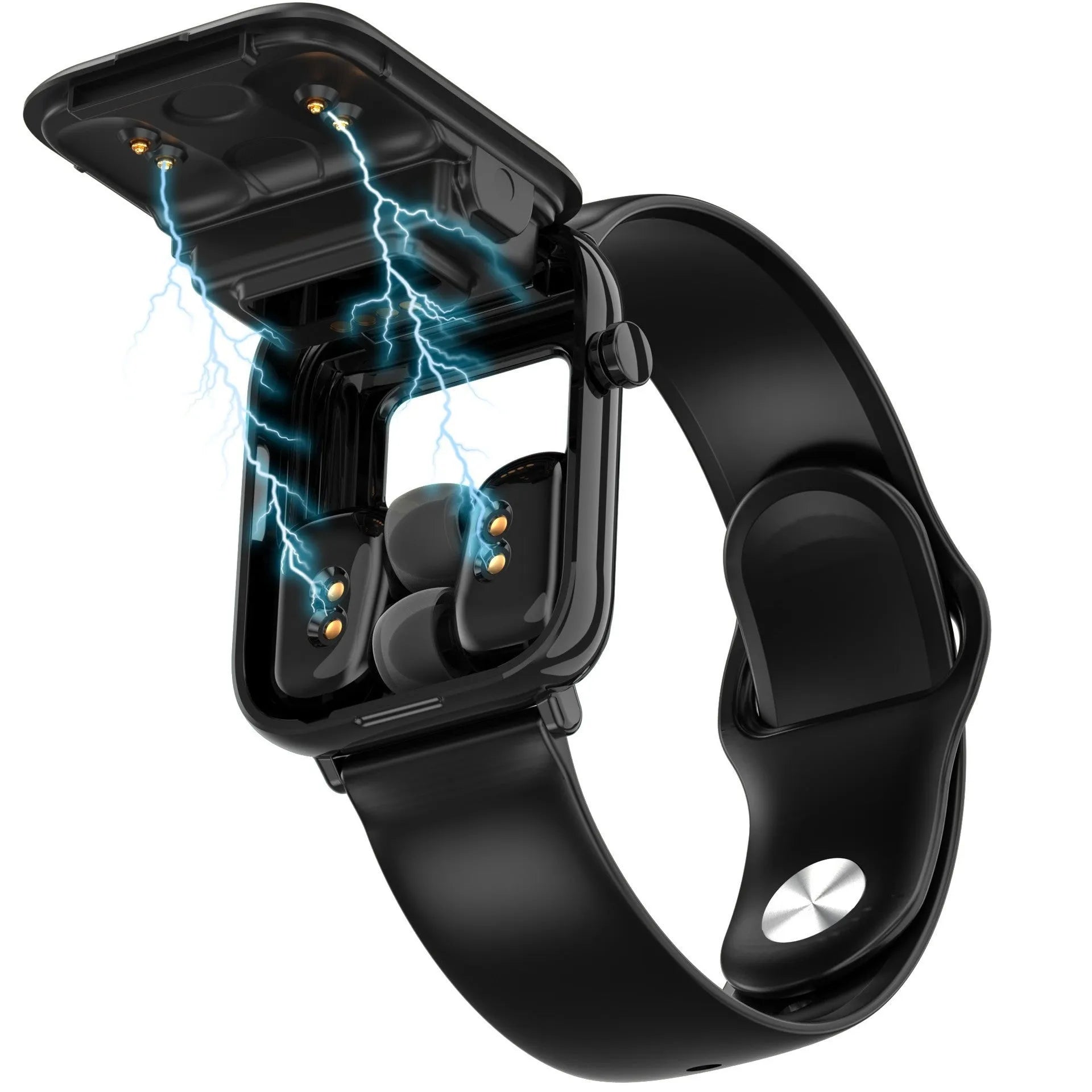 Black all-touch smart Bluetooth headset watch with 1.69-inch display and separate earbuds.