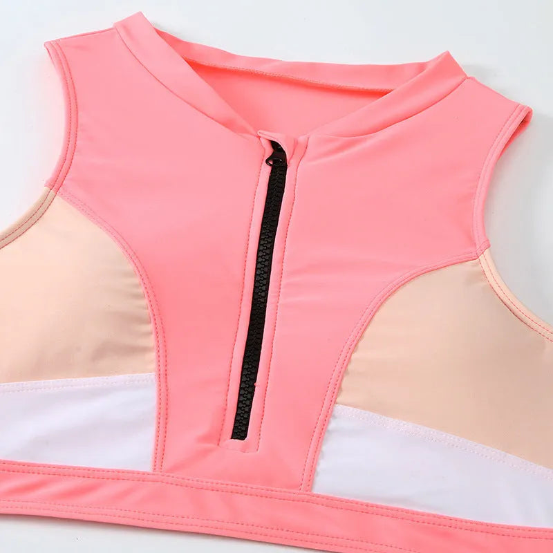 Pink high waist split bikini swimsuit set with brief style on a mannequin.