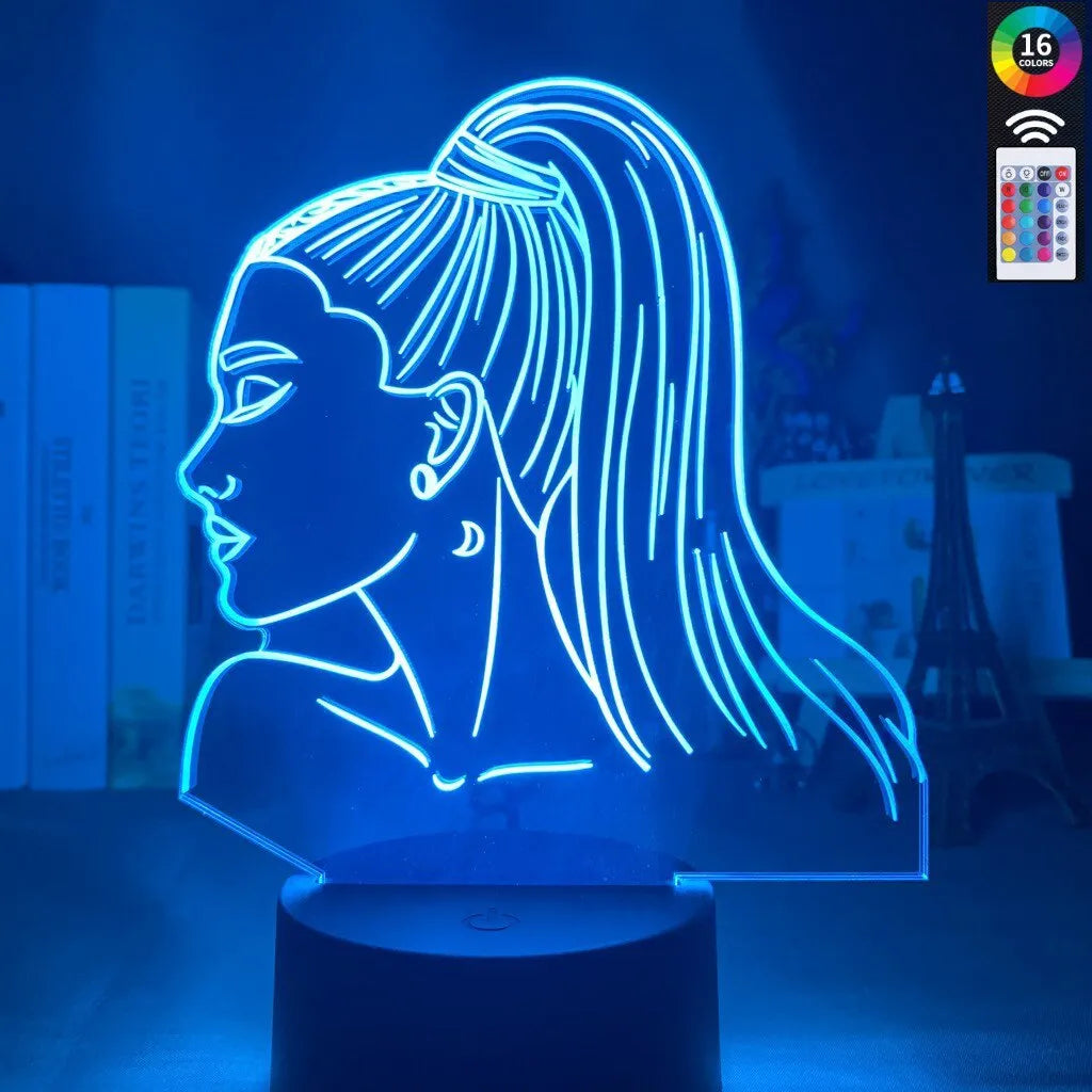 Acrylic 3D night light with European styling and colourful black base, showing dimensions