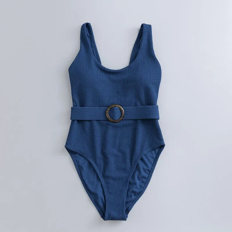 Navy blue women's one-piece slimming swimsuit with removable chest pads