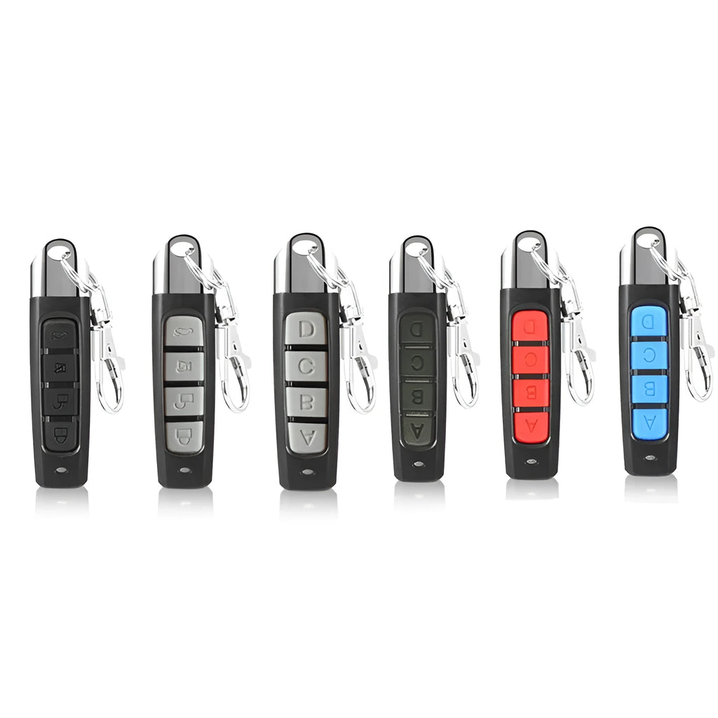 433MHz rolling door remote control in black showing compact 6.7cm design with programming buttons