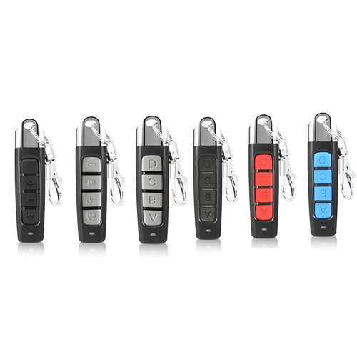 433MHz rolling door remote control in black showing compact 6.7cm design with programming buttons
