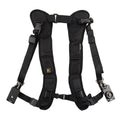 Black professional dual SLR camera shoulder strap with thick padding and metal hardware.