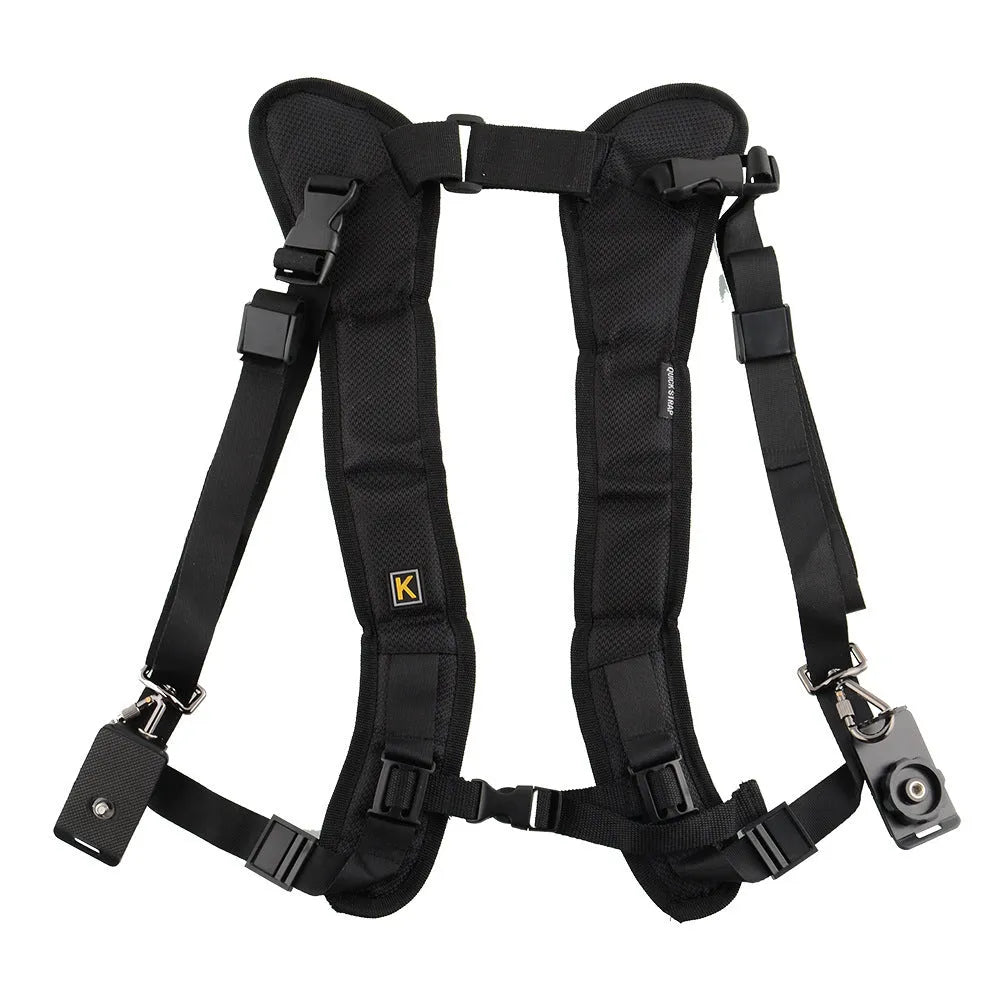 Black professional dual SLR camera shoulder strap with thick padding and metal hardware.