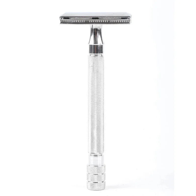 Traditional manual shaving razor set with metal scraper and matching barber brush