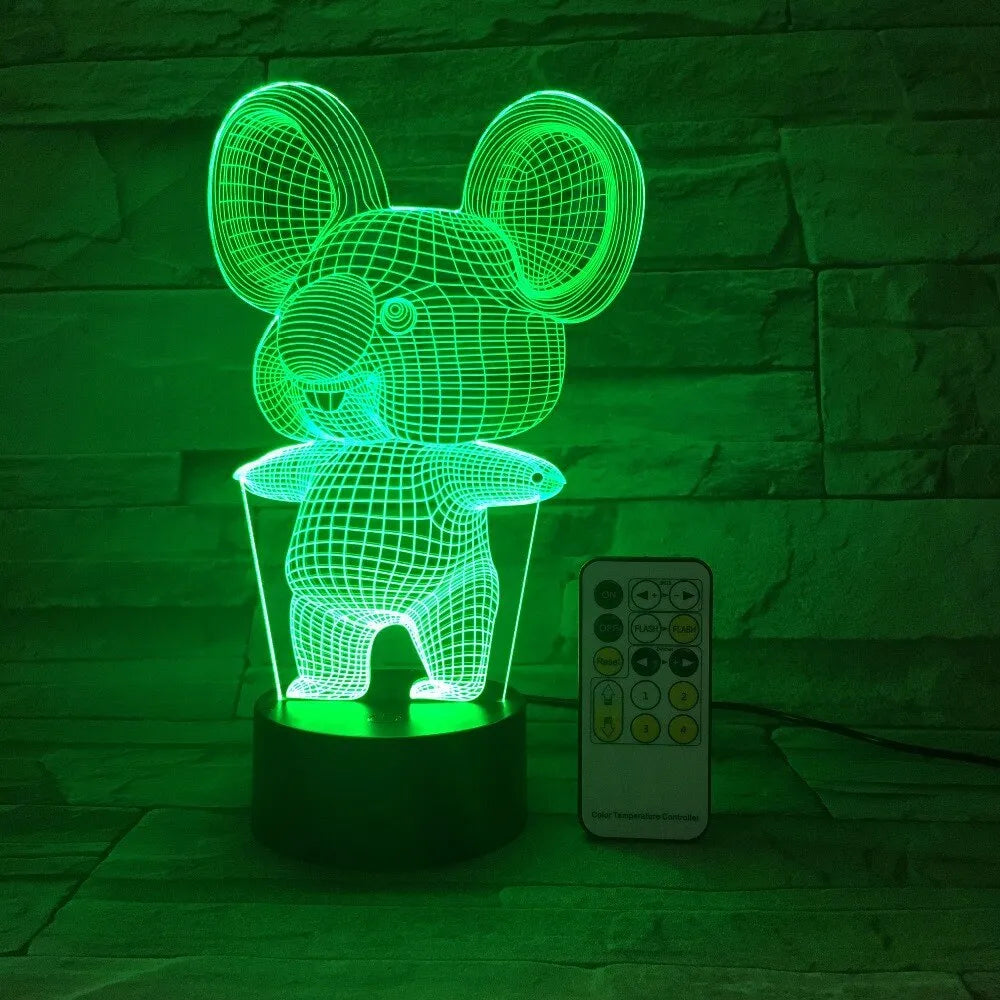 Koala-shaped LED night light showing seven colour options on black base with touch or remote control