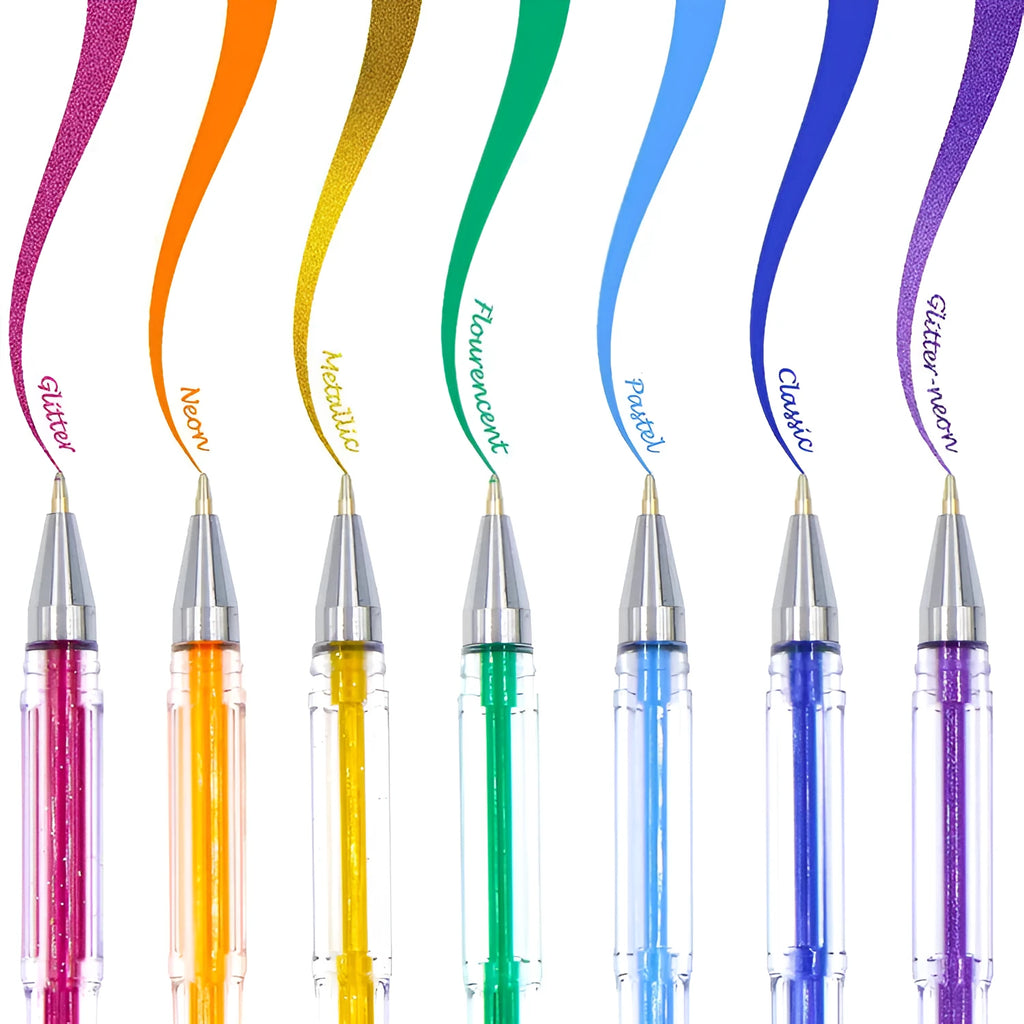100 colour gel pen set with highlighter pens showing dual-tip sizes of 0.5mm and 1mm
