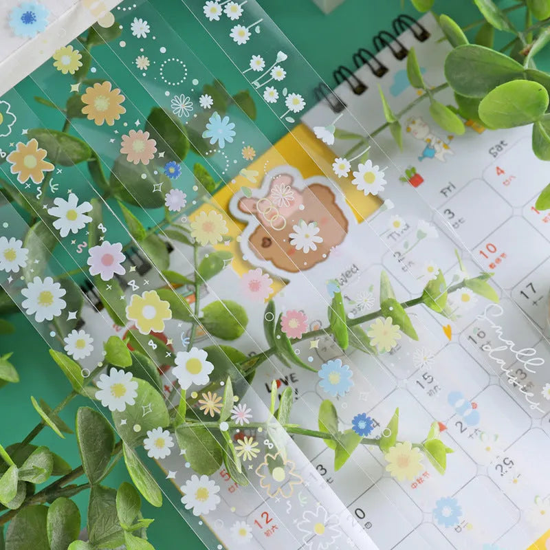 Five rolls of transparent adhesive tape with Midsummer Daisy cartoon decoration, each 1.5cm wide