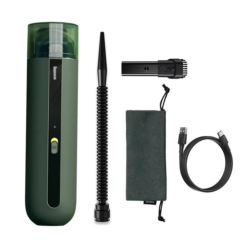 BASEUS wireless handheld car vacuum cleaner in black, white, or green with blowing hose attachment
