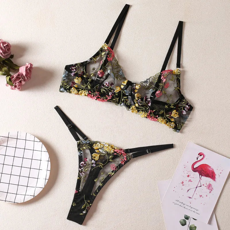 Floral pattern mesh bra with steel ring T-back and matching underwear in skin colour