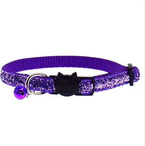 Fish scale blue nylon cat collar with bell on black plastic buckle