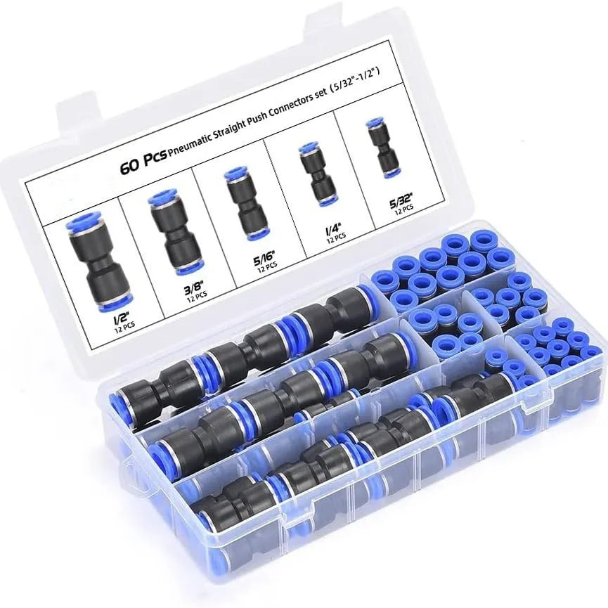 60-piece pneumatic push-in connector set with alloy plastic construction showing R1/4 and R1/2 thread sizes