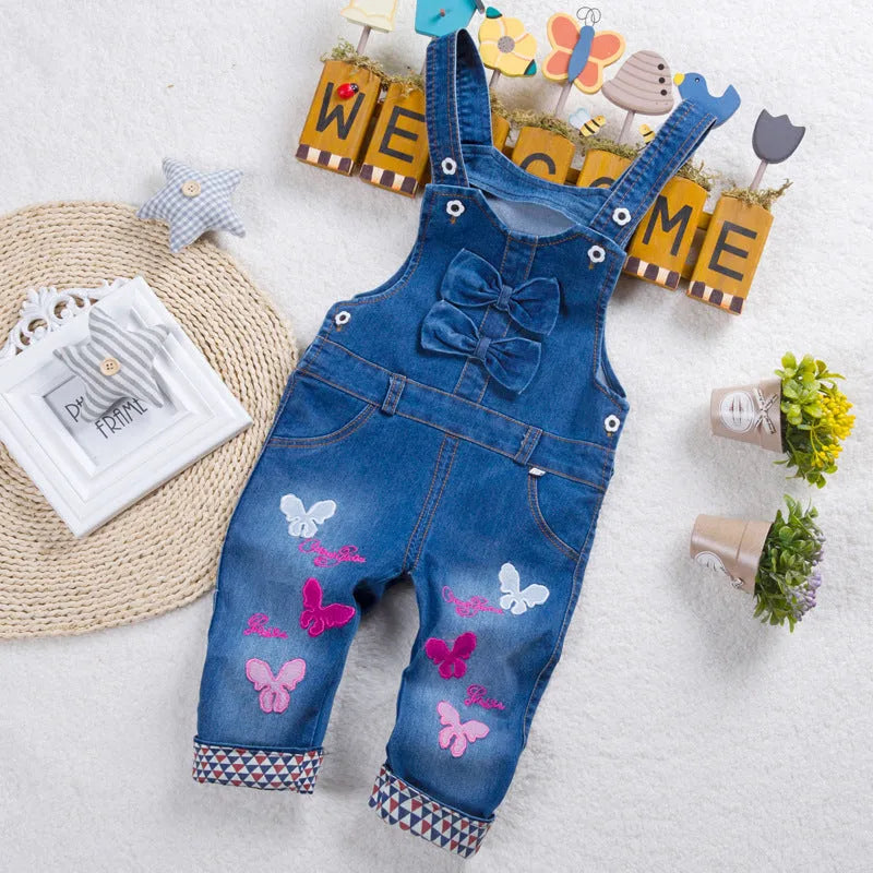 Blue dog print cotton blend kids strap jeans with suspender for boys and girls