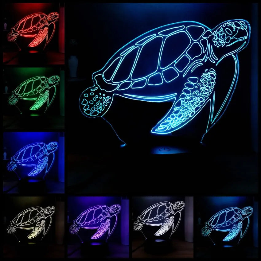 3D LED turtle night light with acrylic base showing multi-colour illumination and remote control