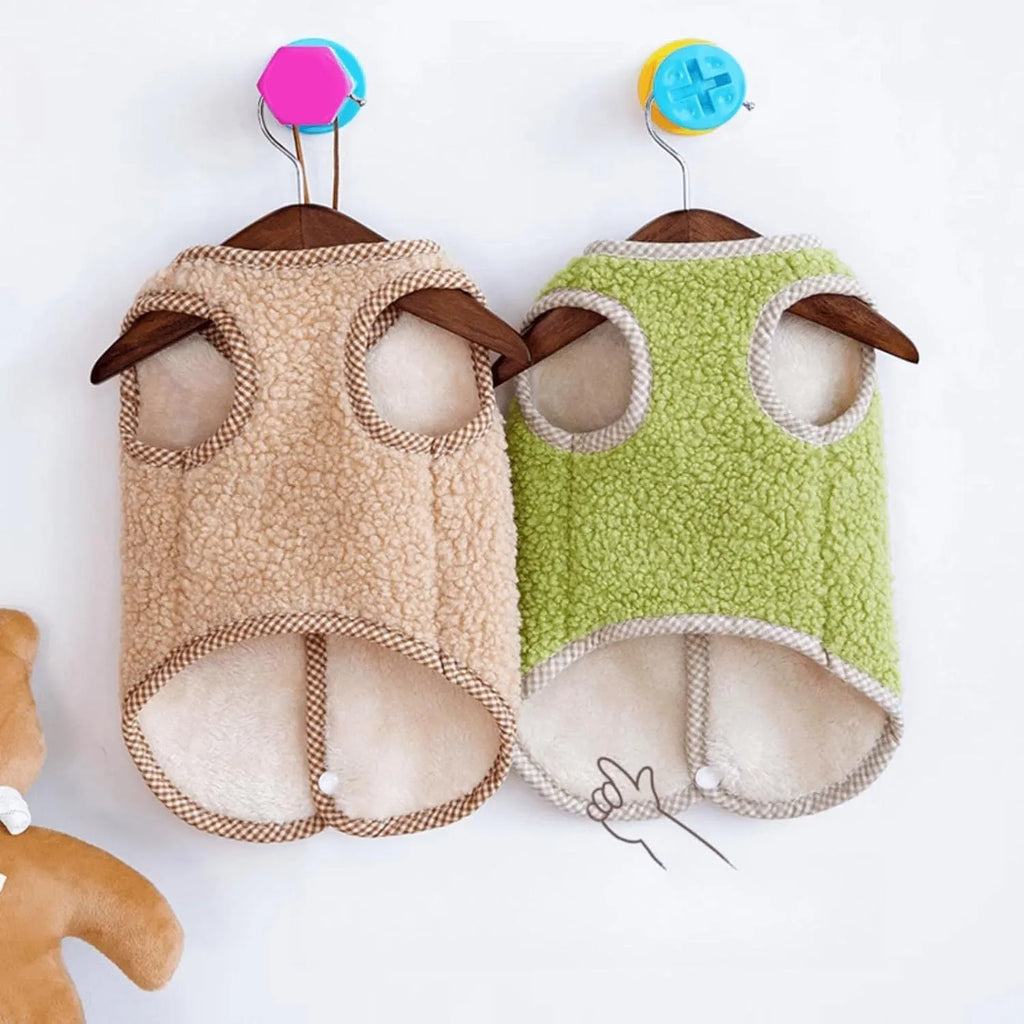 Green thickened coral fleece dog sweatshirt vest with a leash ring on a small dog.