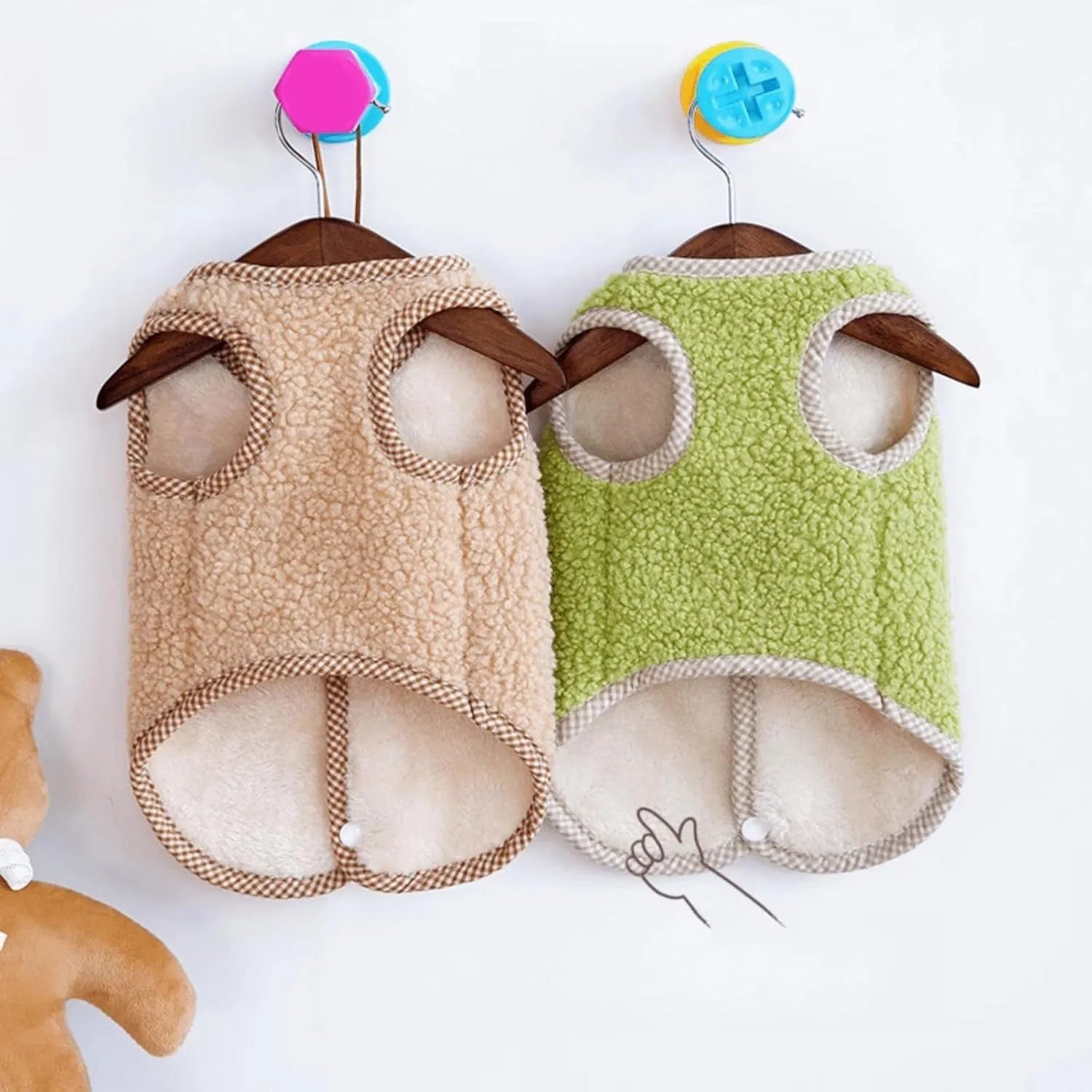 Green thickened coral fleece dog sweatshirt vest with a leash ring on a small dog.