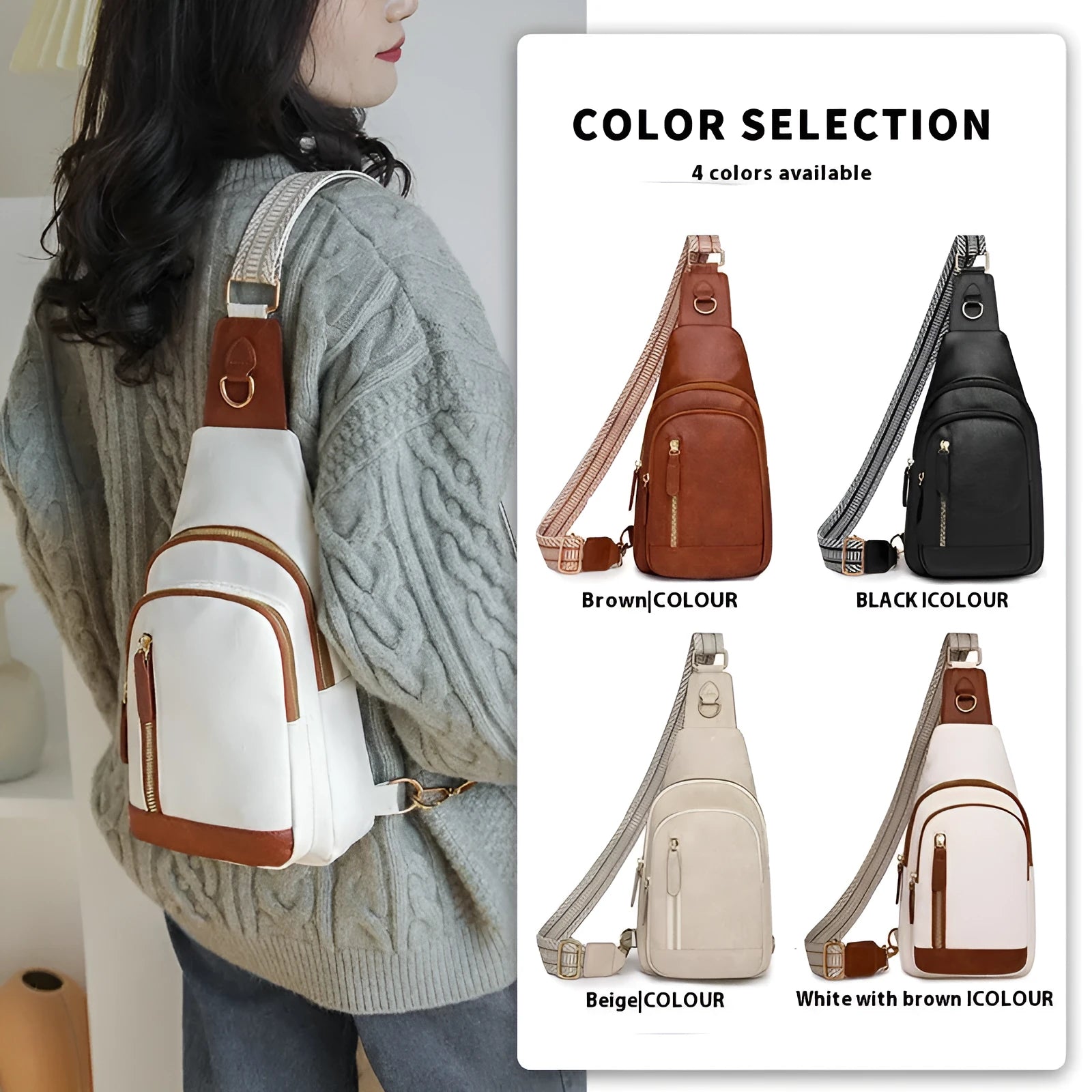 Women's soft brown PU chest bag with crossbody strap and open front pocket.