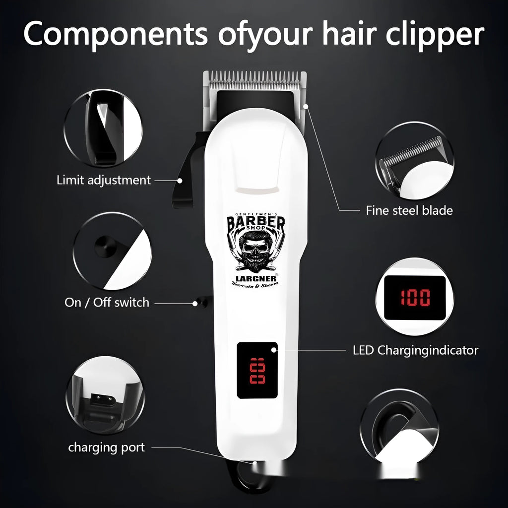 Rechargeable stainless steel hair clipper with USB charging port and 4-in-1 accessory kit