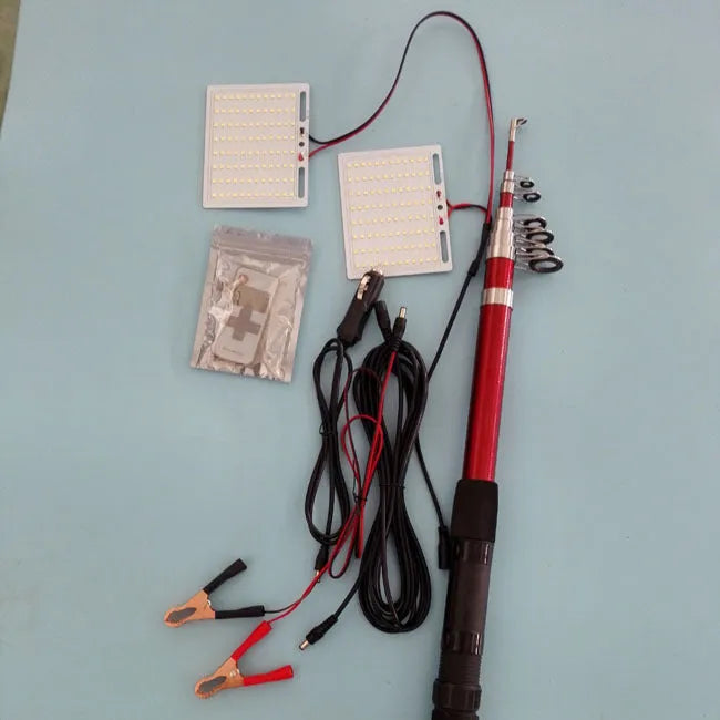 CL-LB-M7 LED light panel mounted on a tall telescopic fishing rod with a remote control.