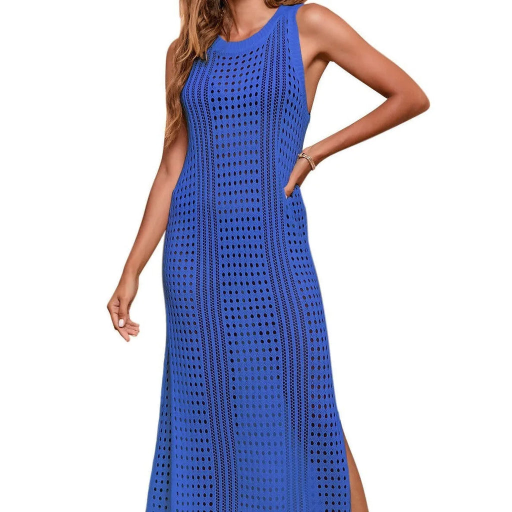Women's loose beach knitted blouse with hollow-out design in solid colour options