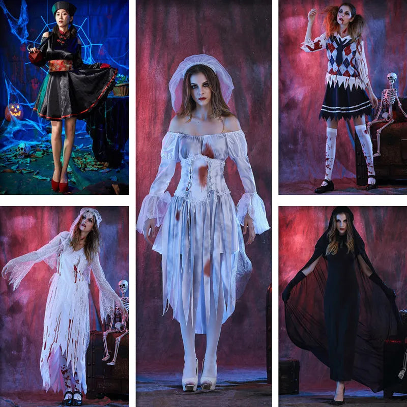 Halloween costume set for adult bride and groom couples including ghost bride and vampire bride options