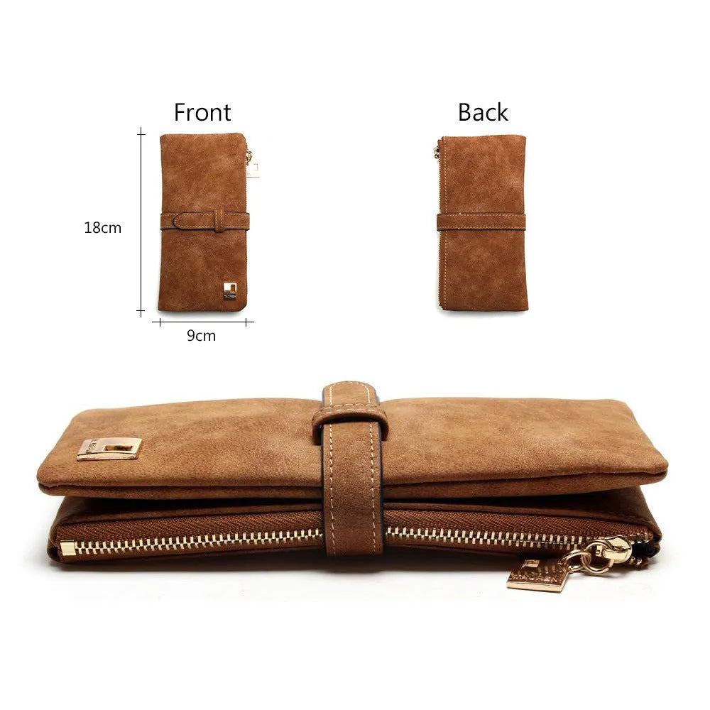 Long vertical women's wallet in matte PU leather with a central zip, shown open to reveal card slots and a phone pocket.