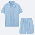 Khaki coloured short sleeve sweater top and matching shorts from a business casual two-piece set.