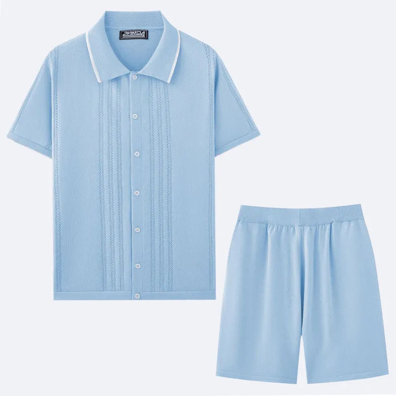 Khaki coloured short sleeve sweater top and matching shorts from a business casual two-piece set.