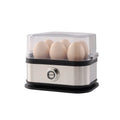 Black portable stainless steel egg boiler with a carrying belt.