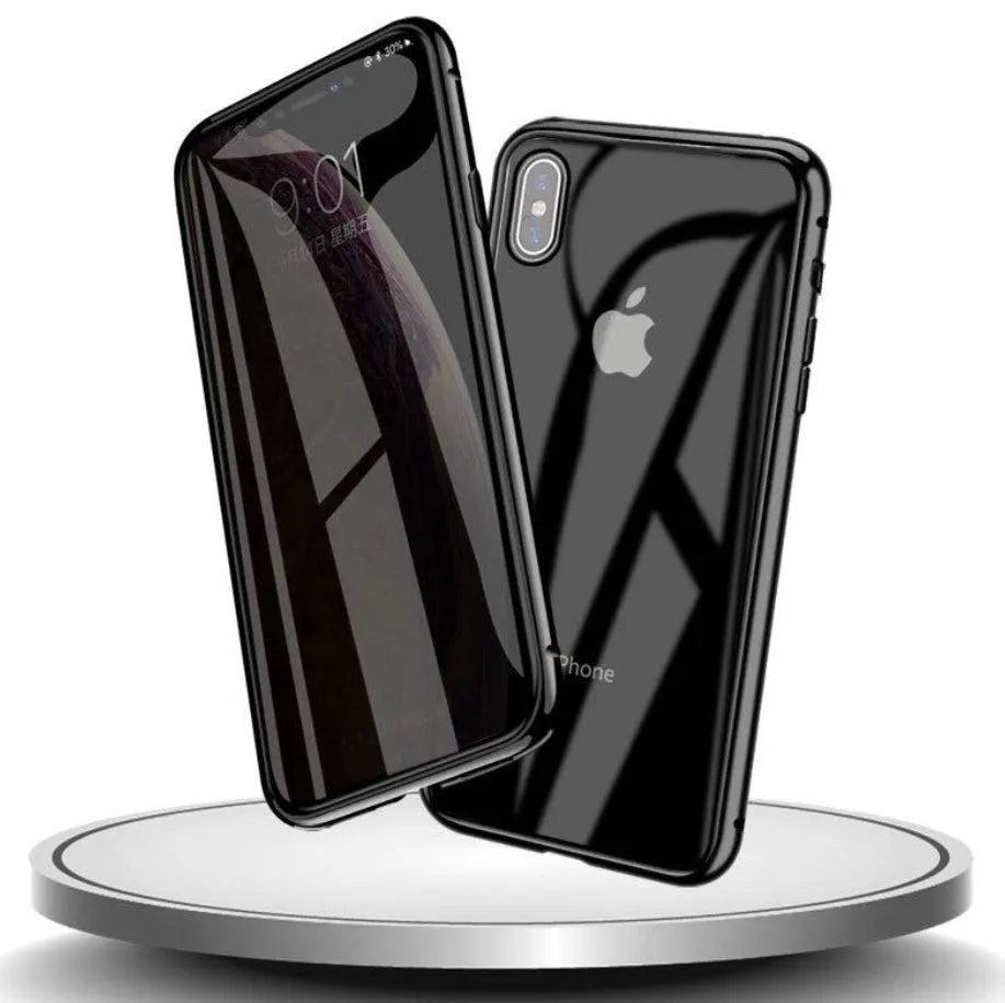 Geometric design aluminium clamshell phone case for iPhone with RFID blocking glass front in six colour options.