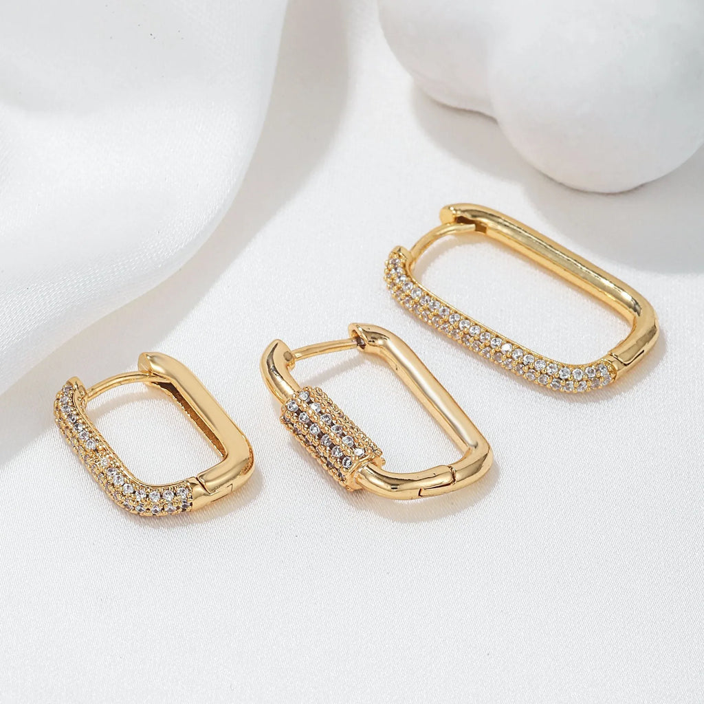 Geometric copper ear clip three-piece set with inlaid zircon stones in gold or white finish
