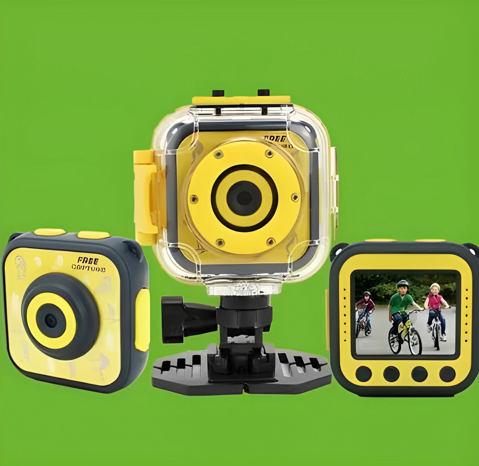 Yellow children's waterproof sports camera with LCD screen showing HD video recording capability