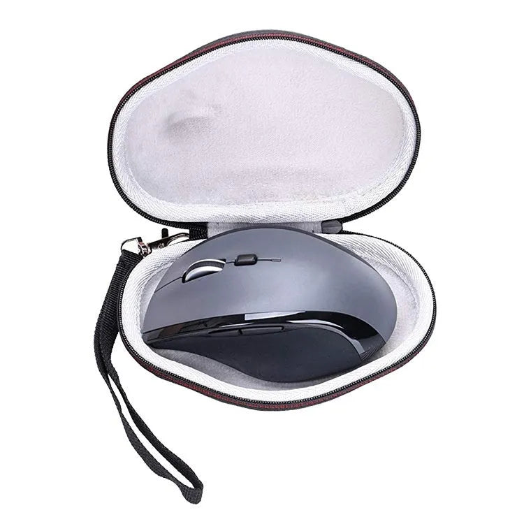 Black M720 mouse protection sleeve with grey interior, showing dimensions