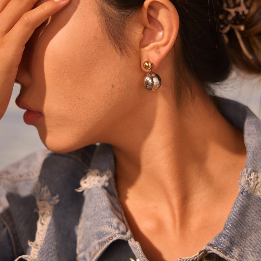 Round beads stainless steel color-block ear studs with 18K gold plated geometric sphere design for women