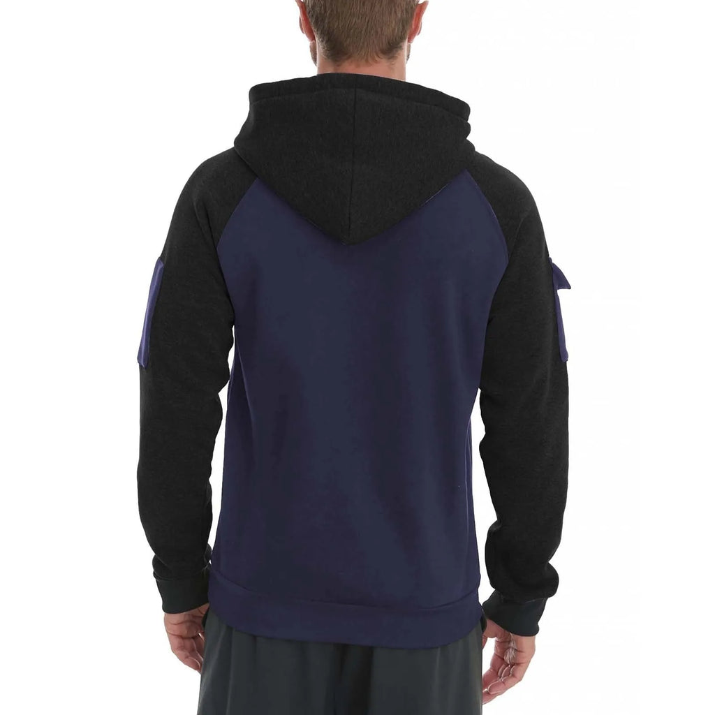 Men's pullover hoodie with front zipper in khaki showing hood and long sleeves