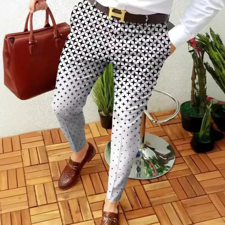 Men's slim-fit casual trousers with 3D printed plaid pattern in a straight leg style.