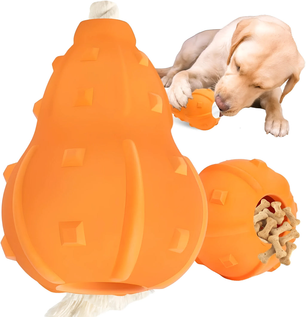 Natural rubber stuffable dog toy for small medium breeds, shown with treat filling and longer strap.