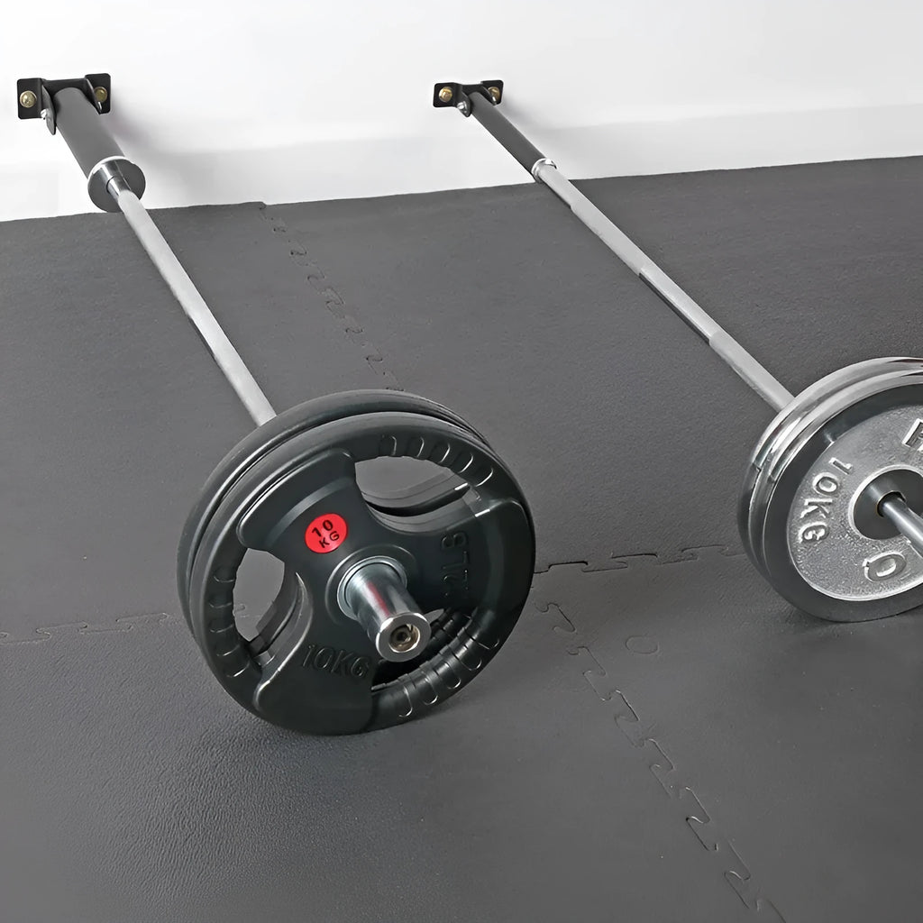 Wall-mounted steel barbell rod storage rack with 25 tube holders