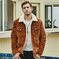 Men's genuine brown pigskin leather jacket with cotton padding and lapel collar