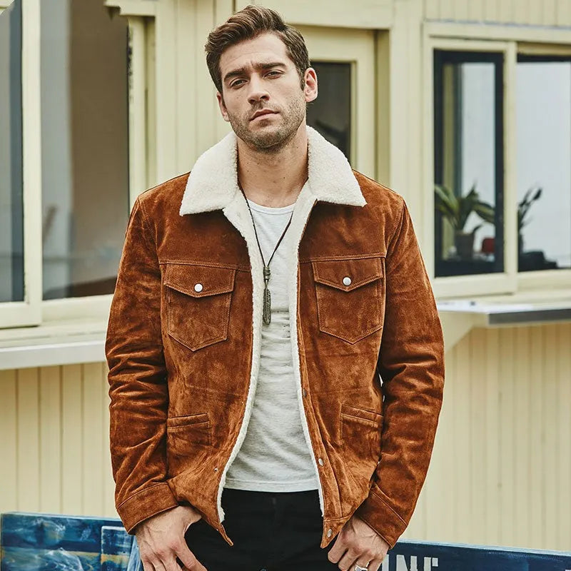 Men's genuine brown pigskin leather jacket with cotton padding and lapel collar