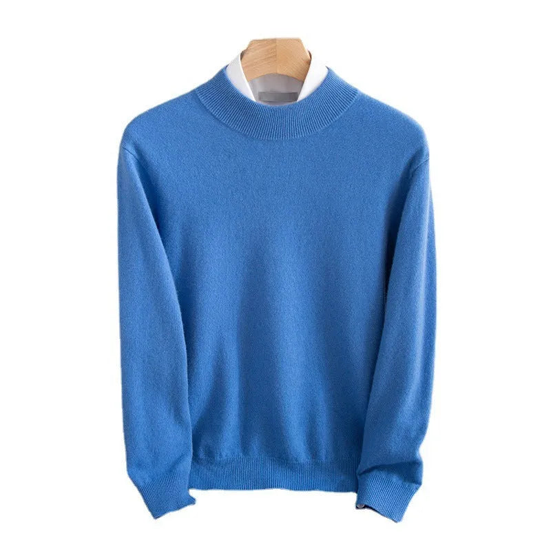 Men's loose fit half-collar wool sweater in a neutral colour on a hanger