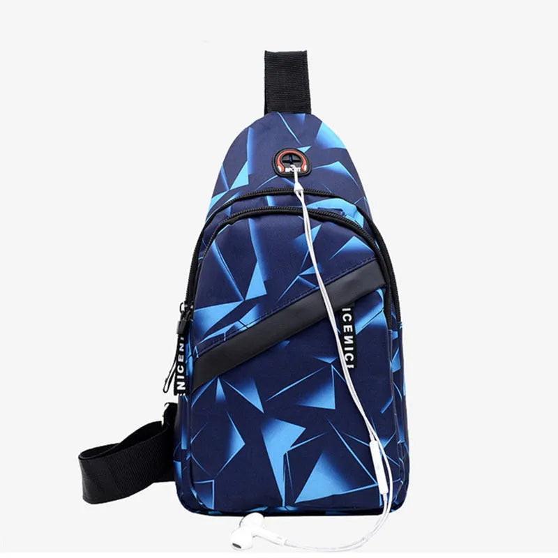 Men's blue crossbody sling bag with earphone hole showing square shape and strap