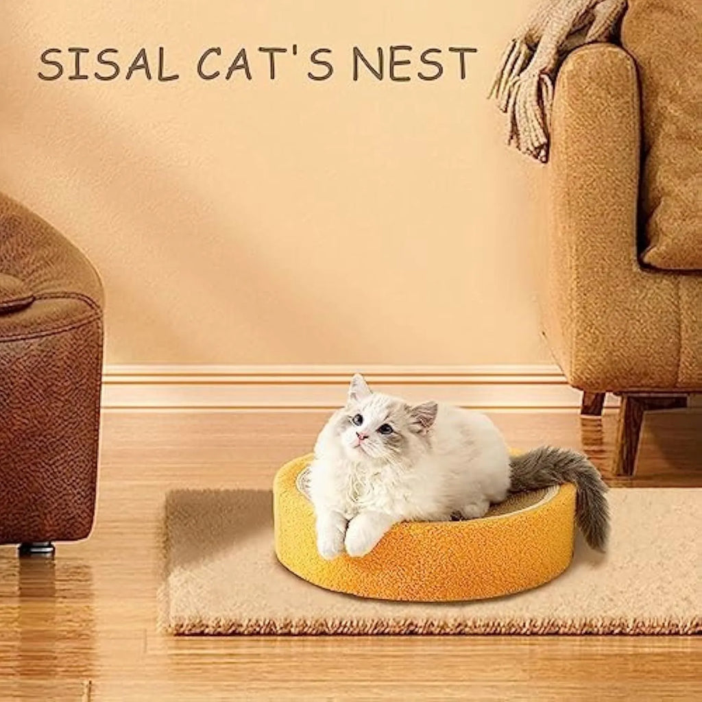 Yellow and orange round sisal cat scratching board with a concave centre bed.