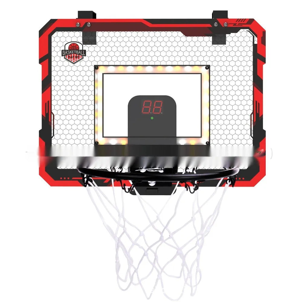 Folding basketball frame with parallel panels showing dunk scoring function and suction cup mounting